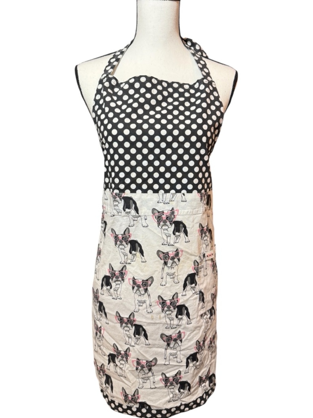 Simply Whimsical Black and White French Bulldog Apron with Polka Dots